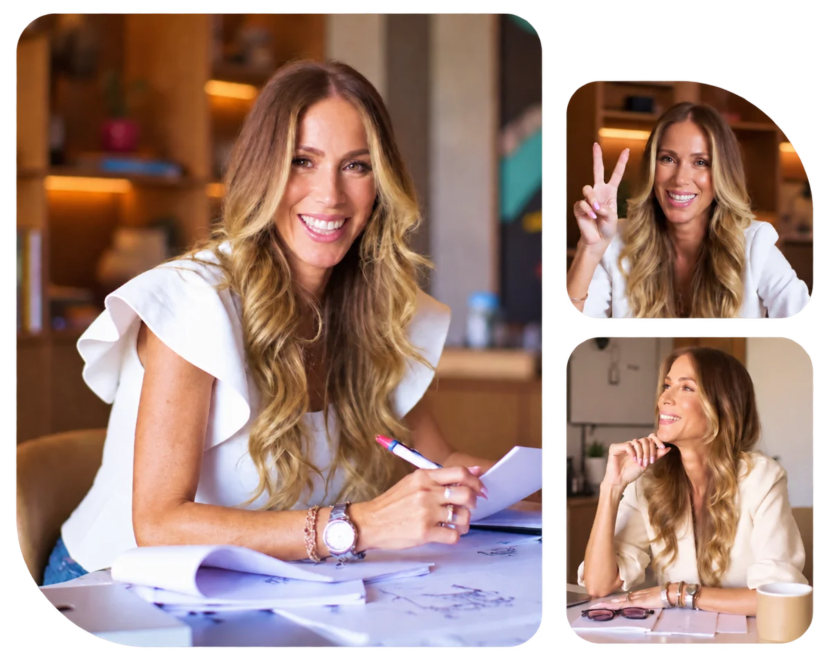 Renata Pocztaruk em três retratos, escrevendo e conversando à mesa.